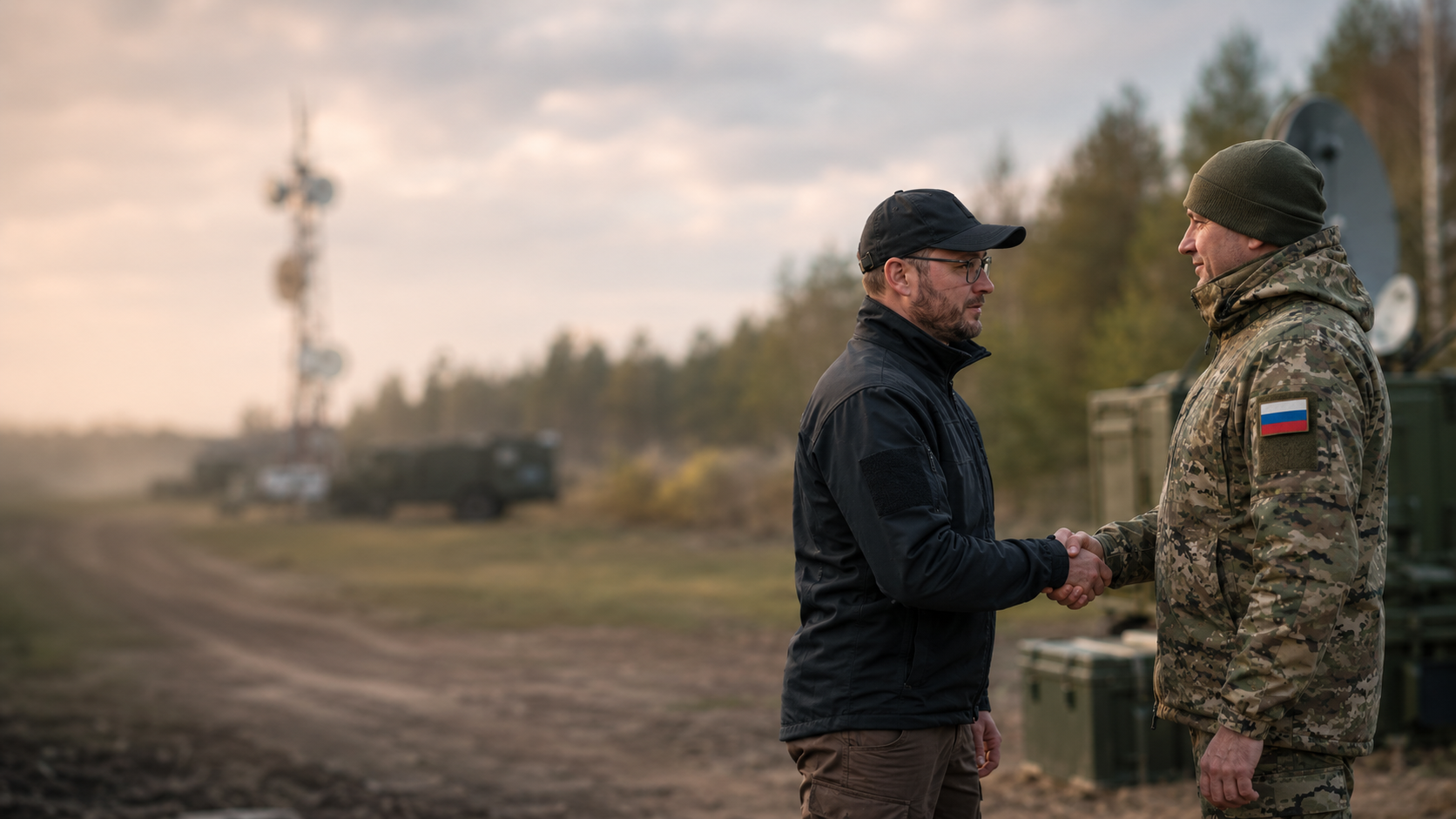 Рукопожатие связиста и военного на объекте связи в тыловой зоне, на фоне мачты связи и техники